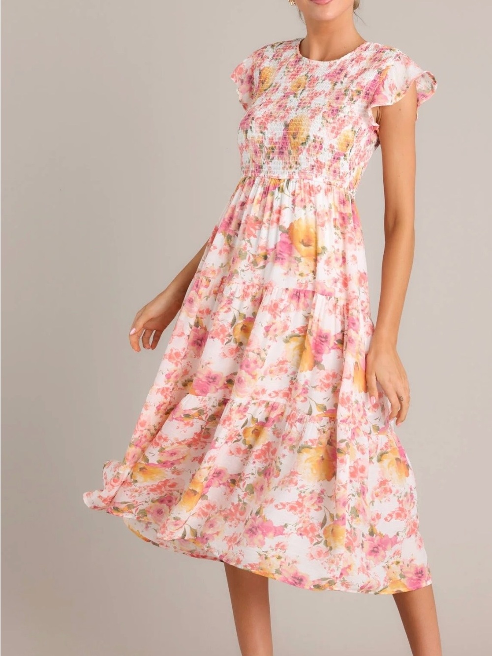Floral Smocked Midi Dress in Pink & Yellow